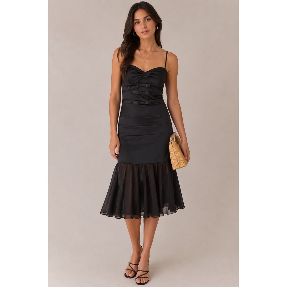 ABS Allen Schwartz Black Satin Bow Cocktail Dress 8A85M65‎ Womens 10 NWT